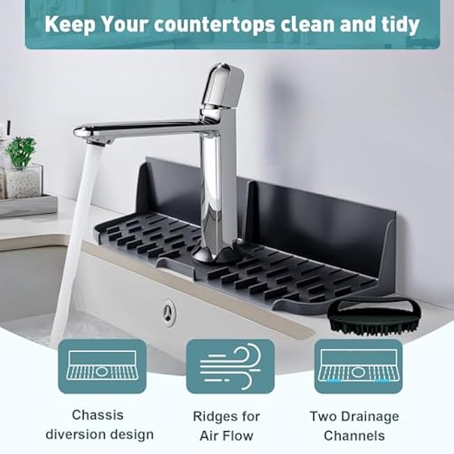 Kitchen Sink Splash Guard£¬Sink Draining Pad Behind Faucet£¬Faucet Mat for Kitchen Sink£¬Comes with a Silicone Brush for Cleaning Drying Mat for Countertop Protect (Grey)
