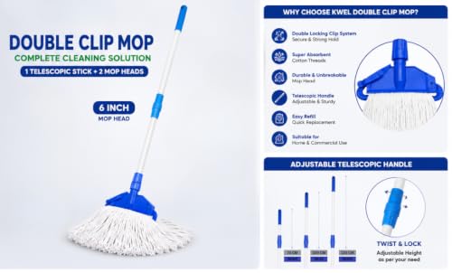 Image of STOIC Double Clip Mop Combo | 1 Adjustable Telescopic Mop Stick 4fit + 2 Cotton Refills (1 Plain White & 1 Blue Stripe) | Heavy Duty Floor Cleaning MopS for Home, Office & Commercial Use