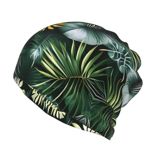 Tropical Palm Leaves Print Ponytail Beanie for Women,Winter Beanie Hat Face Mask Covering Neck Gaiter for Cold Weather Black