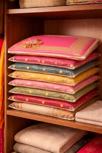 Image of RAAHII 5 Piece Wedding Gifting Transparent single saree cover with zip, suit packing plastic covers for sadi, duppata, clothes bags, lehenga, kurti for marriage Gift wardrobe storage organizer (Pink)