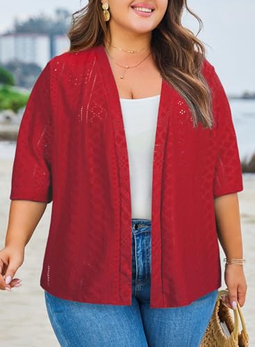 Image of Eytino Plus Size Cardigan for Women Half Sleeve Knitted Jacquard Summer Kimono Cover up Tops(1X-5X)