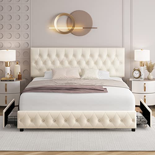 Keyluv Modern Upholstered Bed Frame With 4 Drawers, Button Tufted Headboard Design, Solid Wooden Slat Support, Easy Assembly, Soft Velvet, Beige, Queen Size #TOP2