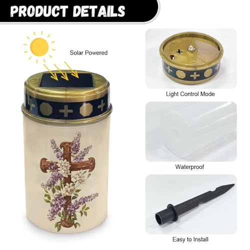 Image of Cross and Lavender Light for Prayer Cemetery Solar Lights for Grave Cemetery Decor Candle Lamp Waterproof Solar Power Light Eternal Lights for Graves Cemetery Memorial Gift 2 PCS
