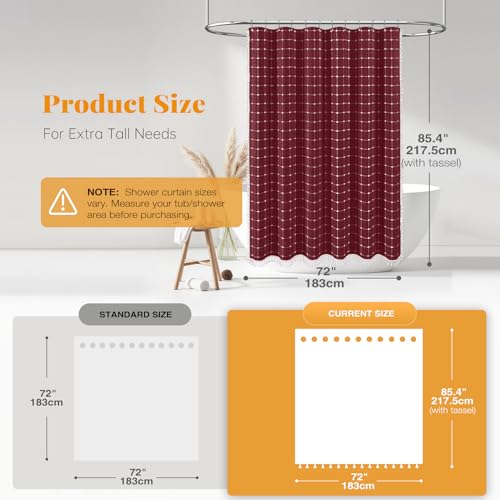 Image of BTTN Extra Long Shower Curtain, 72x84 Inch Long Boho Chic Tassel Linen Fabric Shower Curtain Set with Hooks, Tall Modern Farmhouse Elegant Heavy Duty Thick Cloth Shower Curtains for Bathroom, Burgundy