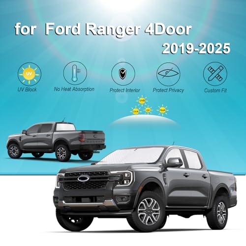 Image of KMF 6pcs Thicken Sun Shade for Ford Ranger 4Door 2019-2025 2026 Accessories,Full Car Window Covers Sunshade for Windshield Side Rear, UV Block and Privacy Blackout for Camping Outdoor