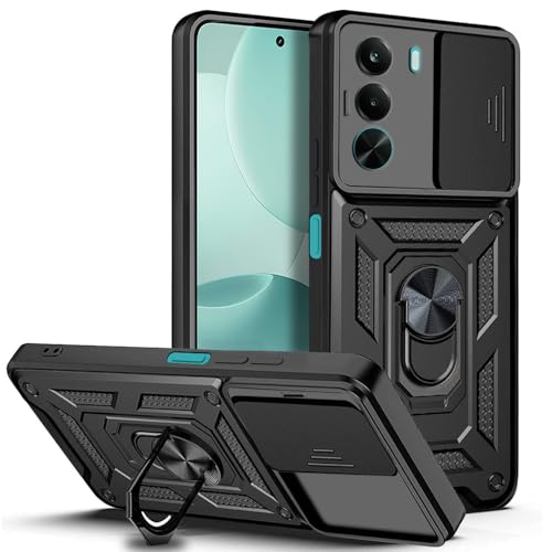 Image of AESTMO Tough Armor Realme P4X 5G Bumper Back Case Cover | Ring Holder & Sliding Camera Shield Cover | 360 Degree Protection Back Case Cover for Realme P4X 5G (Armor Black)
