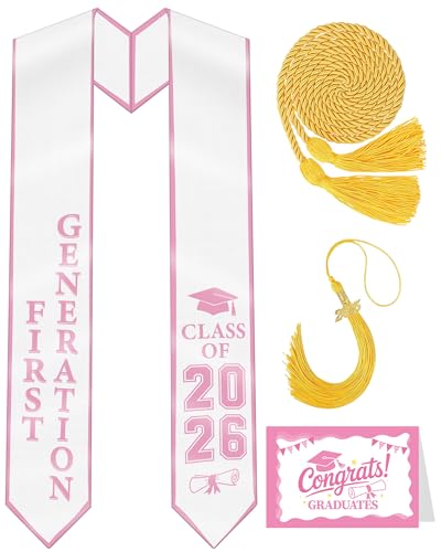 First Generation Graduation Stole 2026 Set Pink First Gen Graduation Sash Class of 2026 for Women Includes Honor Cord Tassel and Congrats Card High School College Commencement Recognition Gift