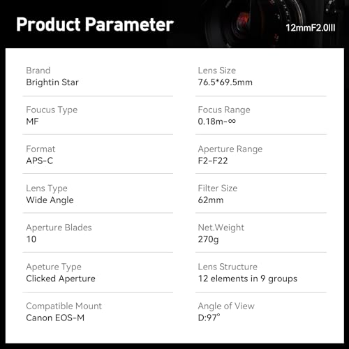 Image of Brightin Star Prime Lens for Canon EF-M Mount Mirrorless Cameras (12 /2.0 APS-C)