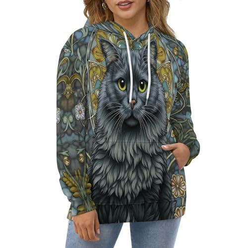 Sweat à capuche chat noir vitrail unisexe décontracté à manches longues
