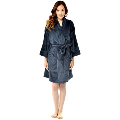 Leisureland Women's Plush Microfiber Fleece Kimono Short Robe Dark Blue Cover