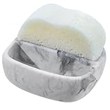 MyGift Modern White Resin Sponge Holder for Kitchen Sink, Countertop Dish Sponge Holder with 2 Compartments and Marble Pattern