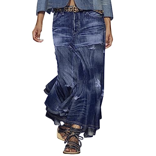 Falda vaquera para mujer, falda vaquera informal para mujer, con cintura baja, corte ajustado, falda larga, falda irregular, falda de vaquero con botones de moda, azul oscuro, XXL