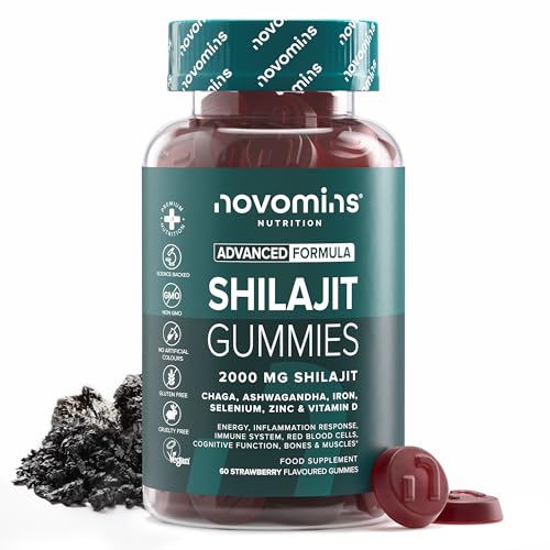 Shilajit Gummies Shilajit Puro dos Himalaias 2000 mg com Ashwagandha, Chaga, zinco, ferro, selénio e vitamina D, vegano e sem glúten, 60 Gominolas, Suplemento Ayurvédico, Novomins