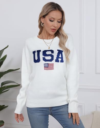 Image of Womens American Flag Sweater Crew Neck Casual Pullover Sweater