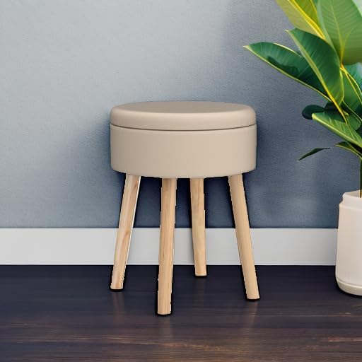Miniatura 6 de Mxfurhawa Taburete otomano de almacenamiento redondo de lino con patas de madera, reposapiés tapizado multifuncional, para sala de estar, baño,