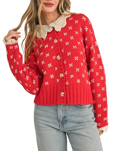 Esmeling Women's Y2K Ruffle Collar Cardigan Sweater Cute Long Sleeve Button Down Floral Knitwear Tops2