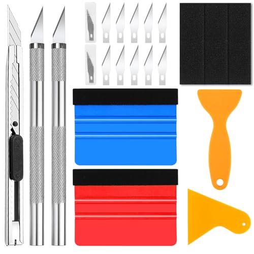 Hengxinchen 19 Stück Rakel für Folie,Folierungs Werkzeug Kit,Rakel Set für Tönungsfolie Auto,Folierungs Werkzeug Set für Wrap Auto,2 Filzrakel Rakel, Präzisionsmesser, Messer mit 10 Klingen