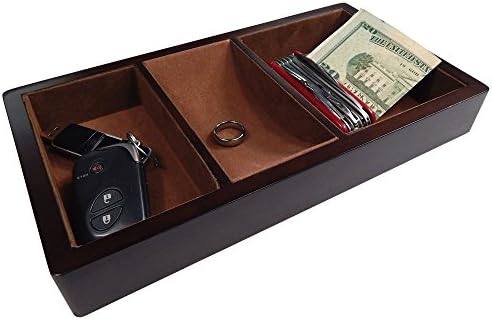 Profile Gifts Woltar Wooden Valet Tray with 3 Compartment Leatherette Organizer Box for Wallets, Coins, Keys, and Jewelry