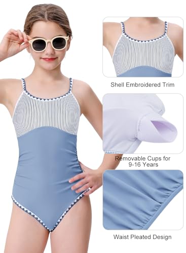 Image of XiaoMoSha Girls One Piece Swimsuit Adjustable Straps Bathing Suit Teen Girl Color Block Trim Padded Beach Swimwear 6-16 Years