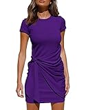 LILLUSORY Womens Casual Short Sleeve Spring Vacation T Shirt Dress 2026 Summer Bodycon Wrap Ruched Mini Sundress Purple M