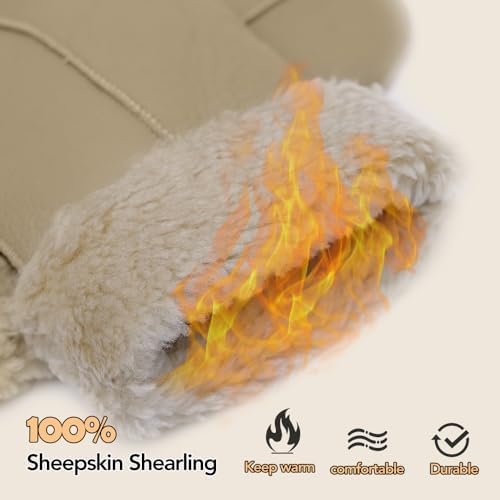MGGMOKAY Women Winter Shearling Sheepskin Mittens - Warm Fur Lined Leather Gloves