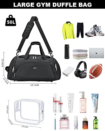 Gym Bag For Men And Women-Sports Duffle Bag With Shoe Compartment, Weekender Overnight Bags/Gym Backpack, Sports Bag For Yoga Travel Swimming Camping Lightweight Waterproof (Black，50L) #TOP5