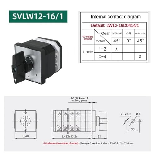 Interruptor de conmutación de leva rotativa LW12-16 16A de 1 polo 2