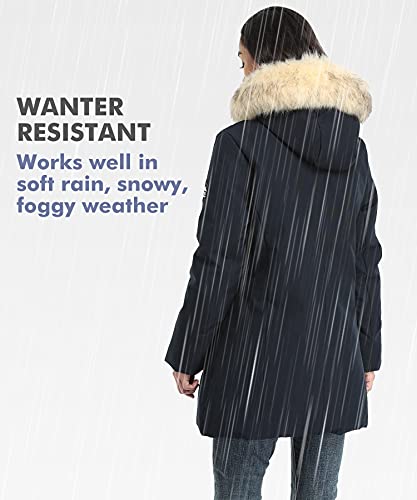 PUREMSX Womens Winter Coat, Water Resistant Padded Insulated Outdoor Ski Travel Warm Fur Hood Thick Parka Near Year Jacket,Navy,X-Small