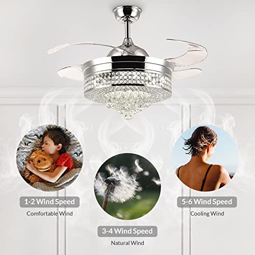 Noxarte 42 Inch Crystal Chandelier Fan With Lights And Remote Control Modern Retractable Blades Ceiling Fan Led Dimmable Fandelier For Dining Room Bedroom Kitchen Island #TOP6
