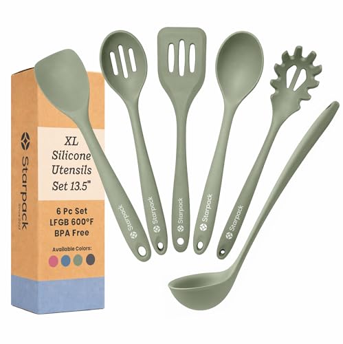 Starpack Like a Boss XL Silicone Cooking Utensils Set (6-Piece, 13.5') - LFGB Certified, 600°F Heat Resistant, BPA-Free - Heavy-Duty Steel Core, Dishwasher Safe - for Nonstick Cookware, Sage Green