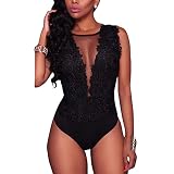 tinbarry Damen Body Langarm Bodysuit Mesh Spitze Jumpsuit Tiefem V Ausschnitt Body Tüll Transparent Tops Elegant Overall