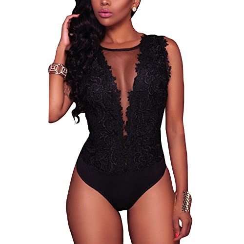 tinbarry - Tinbarry Body Femme Manches Longues Maille Dentelle Combinaison Col en V Profond Tulle Hauts Transparents élégante
