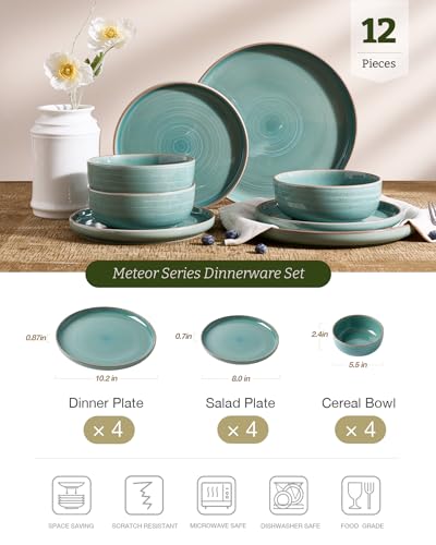 Image of Famiware Meteor Plates and Bowls Sets for 4, 12 Pieces Dinnerware Sets, Microwave and Dishwasher Safe Dishes Set, Peacock Green