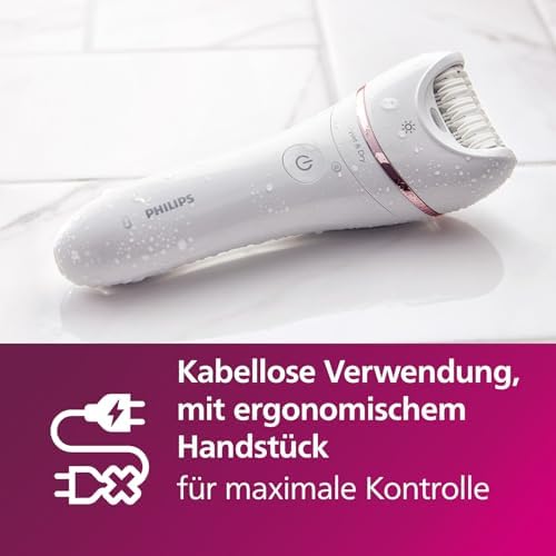 Philips Depilator z serii 8000, bezprzewodowy depilator na mokro i na sucho do nóg i ciała z 9 akcesoriami, golarką, trymerem, pilnikiem do pedicure i szczoteczką złuszczającą, model BRE740/10
