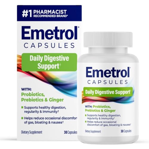 Emetrol Daily Digestive Support Capsules Probiotic Prebiotic & Ginger Supplement for Gut Health Bloating Gas & Nausea Support #1 Pharmacist Recommended Brand 30 Capsules