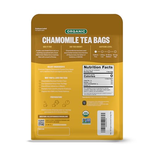 Image of FGO Organic Chamomile Tea, 40 Count, Eco-Conscious Tea Bags, Resealable Bag (Pack of 1)