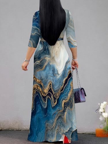 Image of Plus Size Dresses for Women Print Maxi Dresses 3 /4 Sleeve with Belt