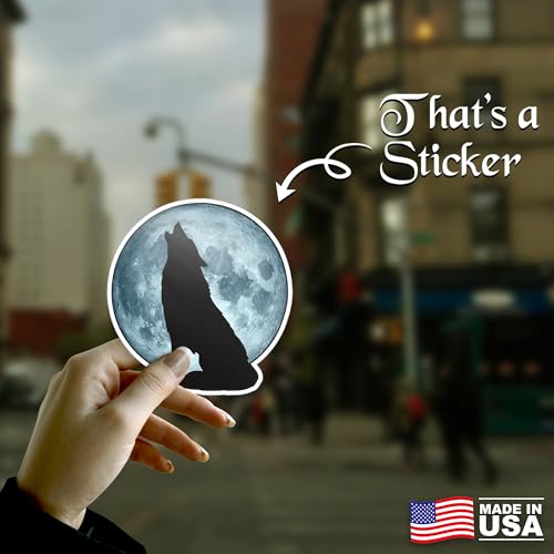 Image of Wolf Howling at Moon Vinyl Waterproof Sticker Decal for Laptop Water Bottle Car Bumper Night Sky Animal Art Sticker 5 Inch