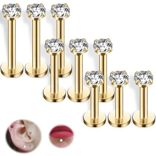 COYUN 9 Pcs Piercing Oreja Tragus Labret Roscado Interno Labio Hipoalergénico Pendiente Pequeño Helix, Oreja Labio Piercings Hipoalergénico Tragus Pendientes Labret Nariz Studs para unisexo, oro | Ya disponible en tu tienda friki favorita! En mundofriki.es!