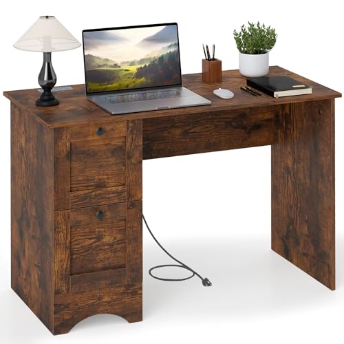 IFANNY Vintage Computer Desk with Drawers, White Desk with Keyboard Tray, Work Table with Storage for Home Office, Small Writing Desk for Small Spaces, Bedroom, Living Room (Rustic Brown)