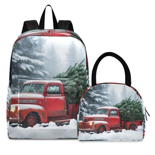 Backpack Lunch Box Set Large Capacity Travel Backpacks and Insulated Lunch Bag for Commute Hiking Picnic Truck Christmas Tree Print