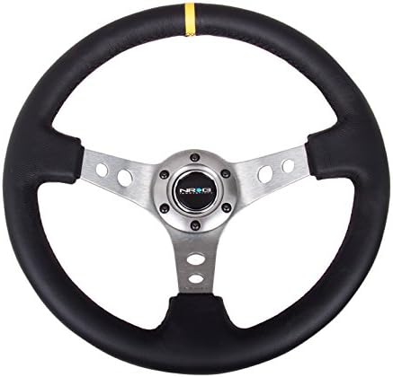 NRG Innovations NRG-RST-006GM-Y Volante Reforzado 13.780 in Volante Deportivo (3" Profundo) Pistola Metal Radios Con Agujeros RedondosCuero