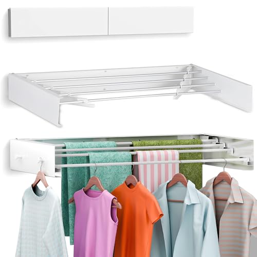 Generisch 32” Clothes Drying Rack Wall Mounted - Collapsible Laundry Room Organizer Laundry Drying Rack with 4 Steel Poles - Foldable Clothes Airer for Laundry, Kitchen, Bathroom, Outdoor Use