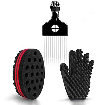 Hair Sponge Set - Magic Hair Twist Sponge Brush Curl Sponge Glove(Right) with 1 Metal Hair Pick for Twist Curl Dreads Locking Afros Coils(3 Pack)