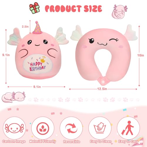GDGZT Kids Travel Pillow, 2-In-1 Kids Neck Pillow for Travel, Reversible 10 Inch Axolotl Happy Birthday Plush Toy, Axolotl Plush Pillow Comfortable in Airplane, Car, Nap, Reading, Decor - Image 2