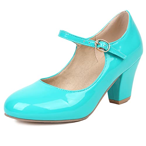Image of Women Block Heel Mary Jane Shoes, High Heel Pumps Round Toe Buckle Party Shoes Fashion Qnudtc Duck-Green Size 1 Uk/33