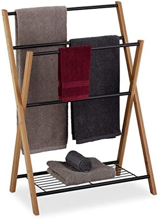 Relaxdays handdoekrek bamboe met plank, 3 stangen, 86x52,5x32 cm
