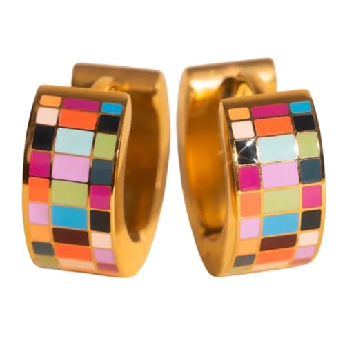 Oh Clementine Super Chunky Checkered Rainbow Huggie Hoop Adjustable Clasp Earrings for Women- 316L Stainless Steel with 18k PVD Gold Coating