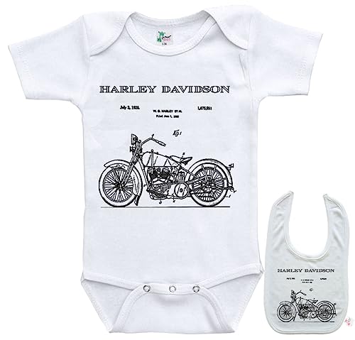 Image of Harley Patent Print Motorcycle Newborn Infant outfit Baby bodysuit onesie & bib