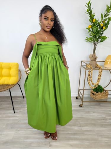 Image of YUEWOO Midi Dresses for Women Casual Summer Sundresses Vacation Outfits Spaghetti Strap Smocked Women Maxi Dress with Pockets